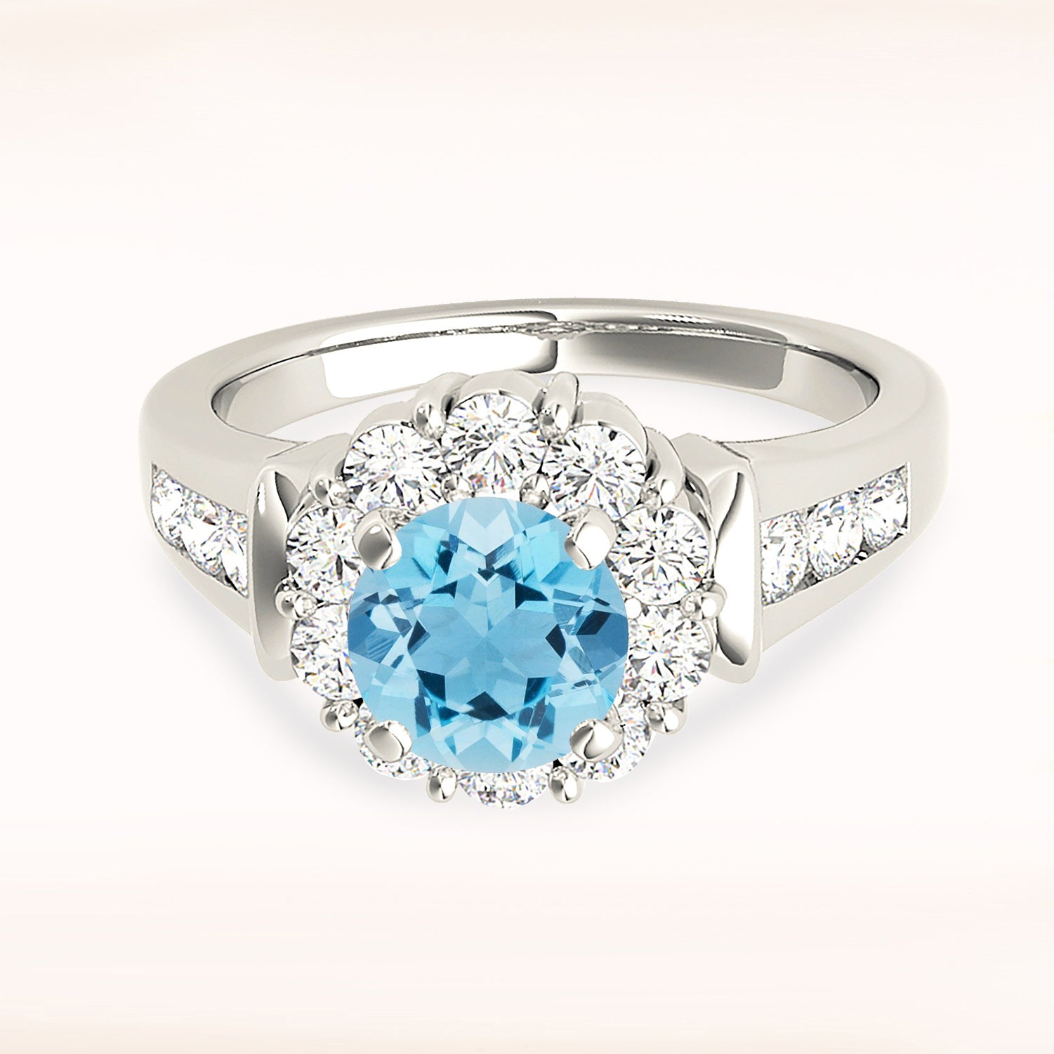 1.10 ct. Genuine Aquamarine Ring With 0.75 ctw. Diamond Floral Halo , Wide Solid Gold and Diamond Band | Round Blue Aquamarine Halo Ring-VIRABYANI